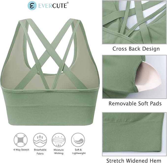Evercute Sports Bras for Women Padded Medium Support Criss Cross Strappy Bra Seamless High Impact Yoga Exercise Athletic Bras