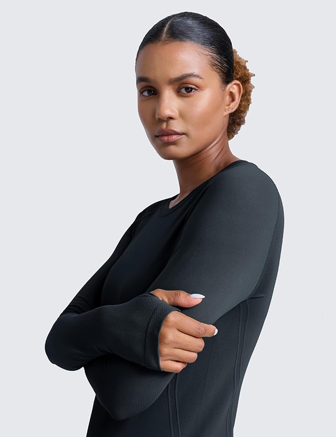 CRZ YOGA Seamless Long Sleeve Shirts for Women Waist Length - Workout Athletic Running Gym Yoga Tops Crewneck Breathable