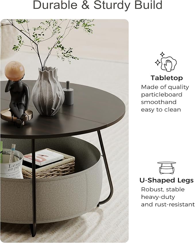 Manora Small Round Coffee Table for Living Room, Modern Center Table with Fabric Basket Storage, Cute Circle Table for Small Spaces, Metal Frame, Espresso