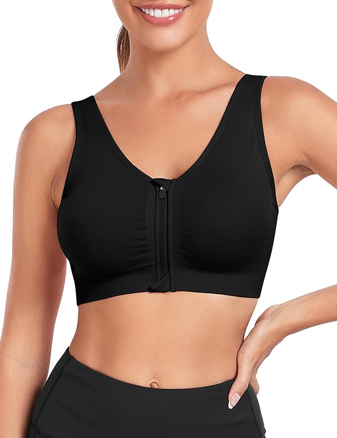 Women's Zip Front Sports Bra Wireless Post-Surgery Bra Active Yoga Sports Bras