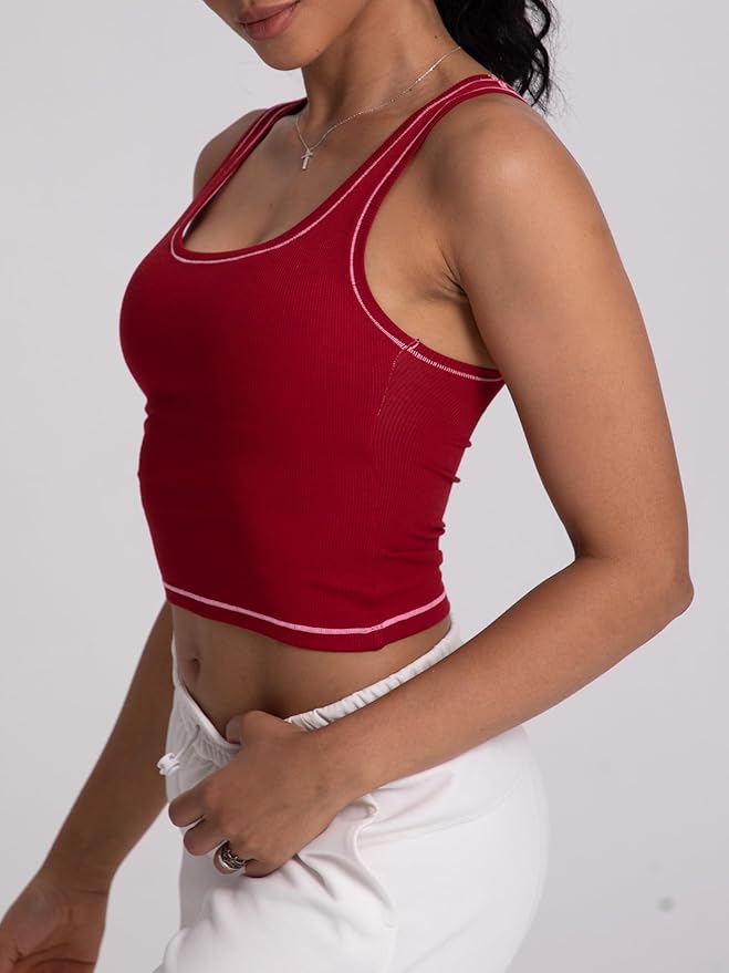 Danysu Women Rib Tank Top Padded Workout Top Square Neck Crop Tank Fitted Basic Cami Tops