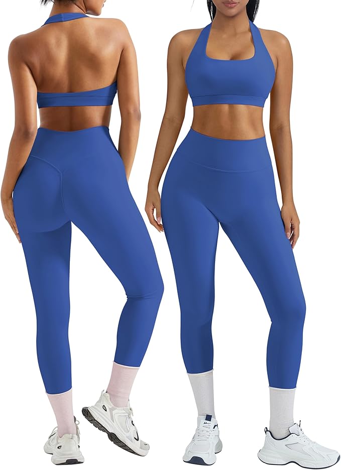 OMKAGI 2 Piece Workout Sets for Women Halter Sports Bras Gym Sets Booty Leggings Outfits