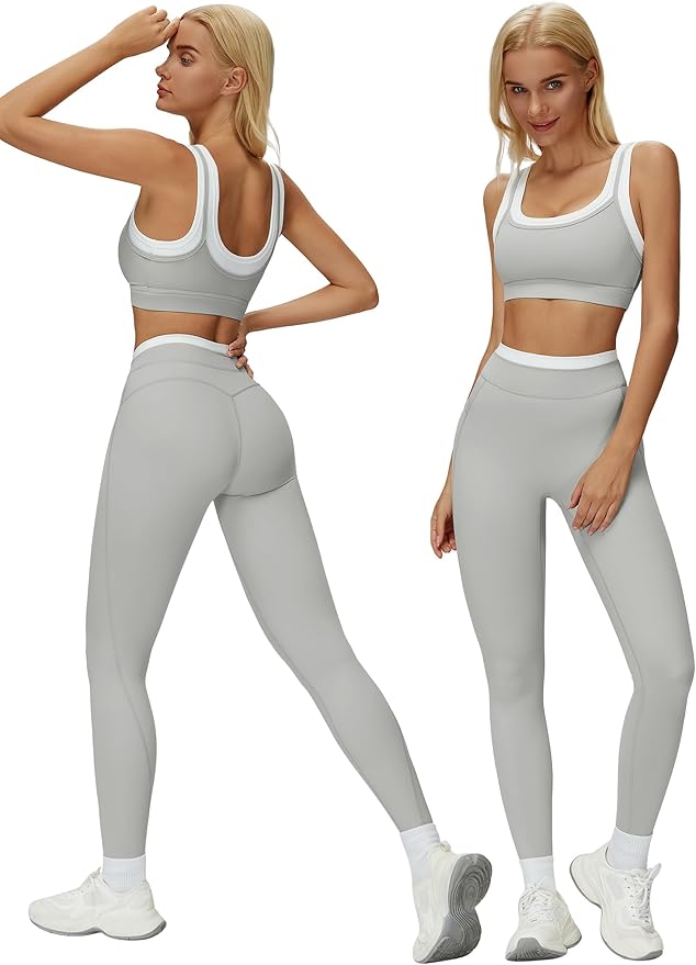 ABOCIW Two Piece Workout Sets for Women Layer Sports Bra Tummy Control High Wait Leggings Gym Yoga Outfits