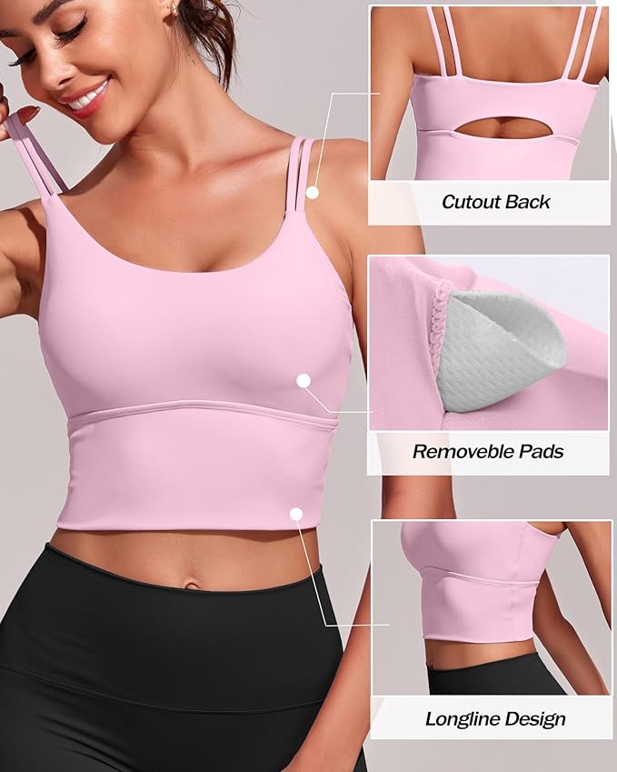 Everrysea Sports Bras for Women High Support Longline Workout Tank Tops Built in Bra Strappy Yoga Padded Crop Top