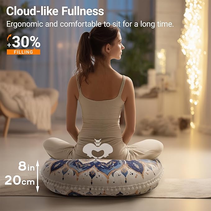 Meditation Cushion 32 Inch Round, Extra Thick Memory Foam Floor Pillow with Removable Washable Cover, Bohemian Mandala Yoga Cushion for Adults - Ideal Gift & Holiday Decor, Blue