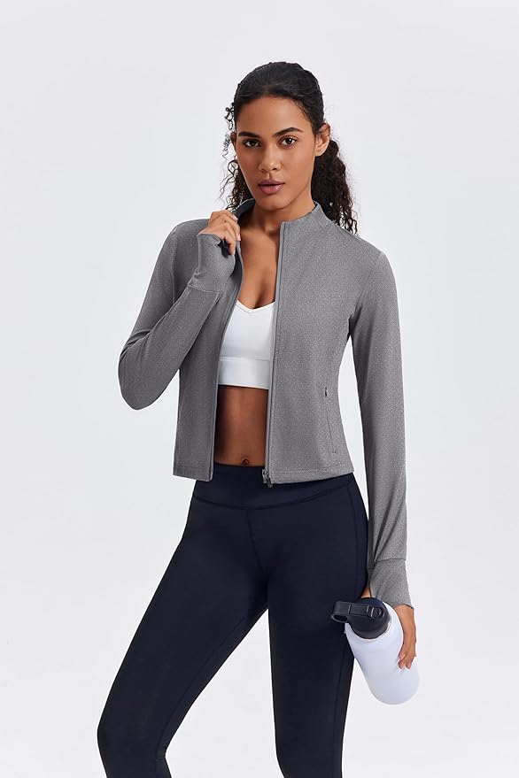 PINSPARK Women Cropped Workout Jackets Full Zip Slim Fit Athletic Jackets Thumb Holes Running Jacket with Zipper Pockets