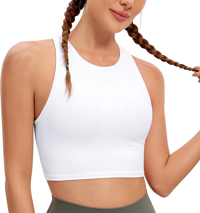 CRZ YOGA Butterluxe High Neck Crop Tank Tops for Women - Racerback Padded Longline Sports Bras Workout