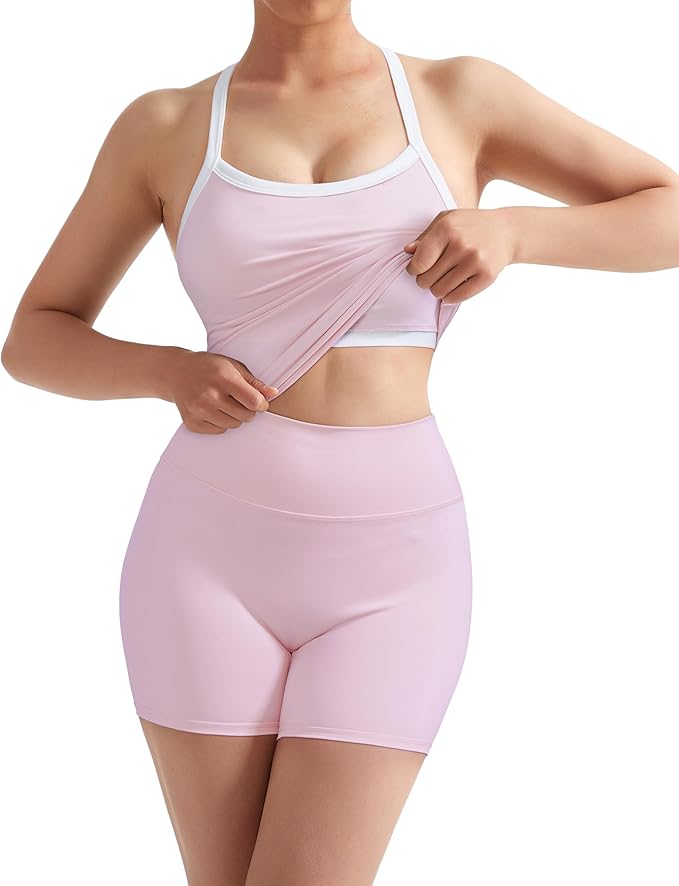 SUUKSESS Women 2 Piece Workout Sets High Waisted Tummy Control Biker Shorts Halter Padded Tank Tops