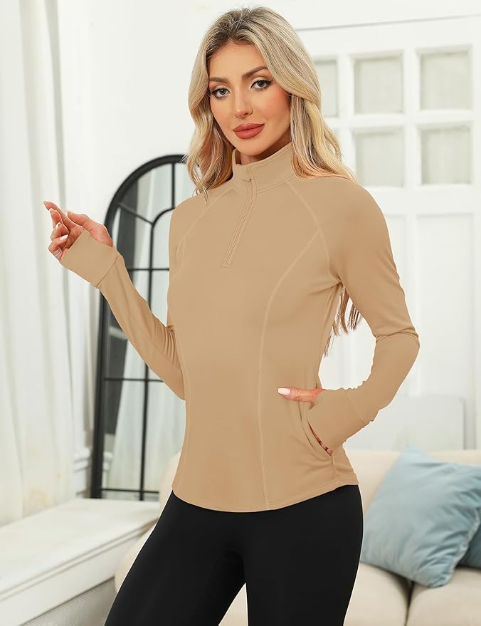 LOMON Women's Long Sleeve Athletic Tops Quarter Zip Workout Shirts Turtle Neck Fall Compression Shirt with Thumb Hole