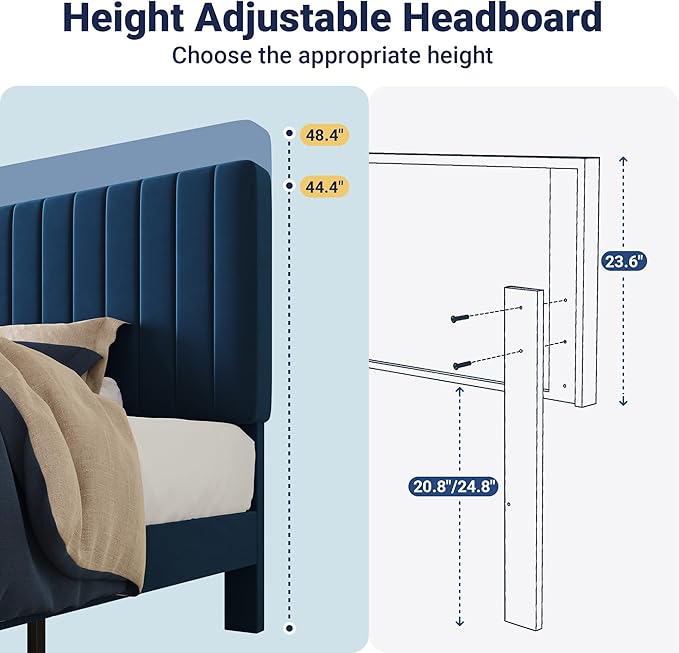Allewie Twin Bed Frame, Velvet Upholstered Platform Bed with Adjustable Vertical Channel Tufted Headboard, Mattress Foundation with Strong Wooden Slats, Box Spring Optional, Easy Assembly, Navy Blue
