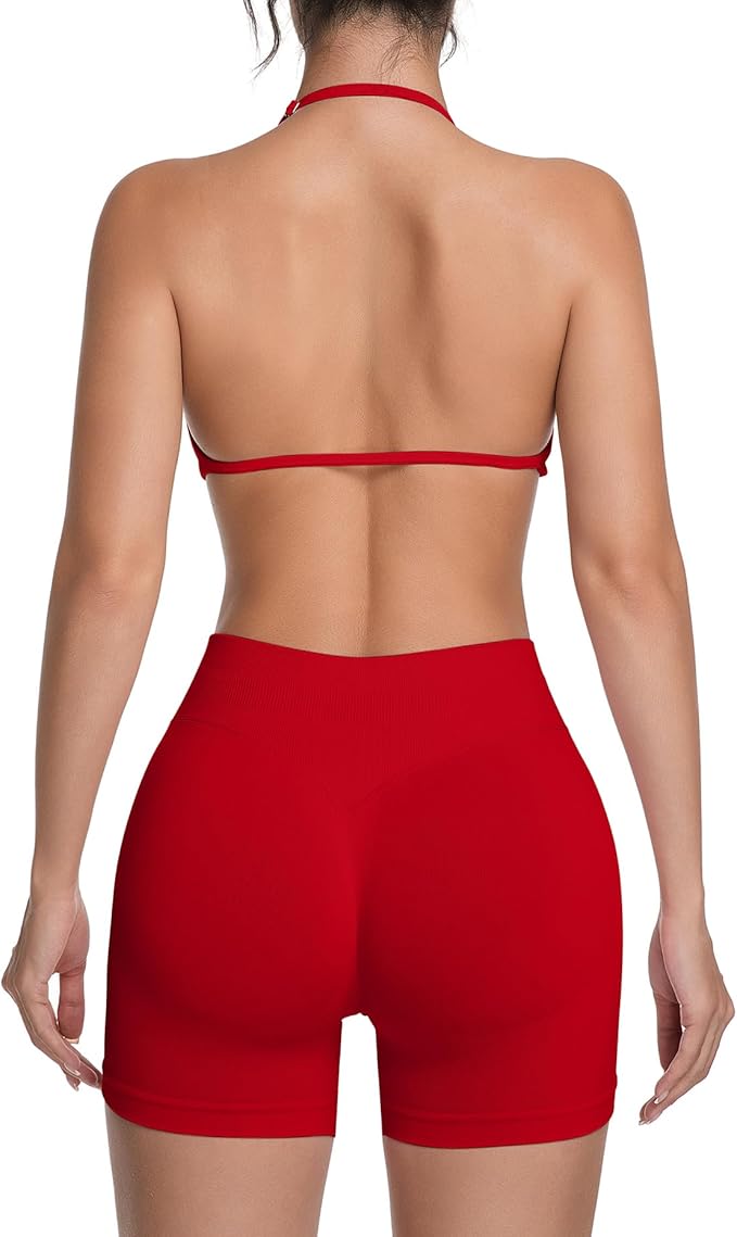 Comper 2 Piece Workout Sets for Women Halter Strappy Sports Bra with Seamless Ribbed Gym Yoga shorts Outfits