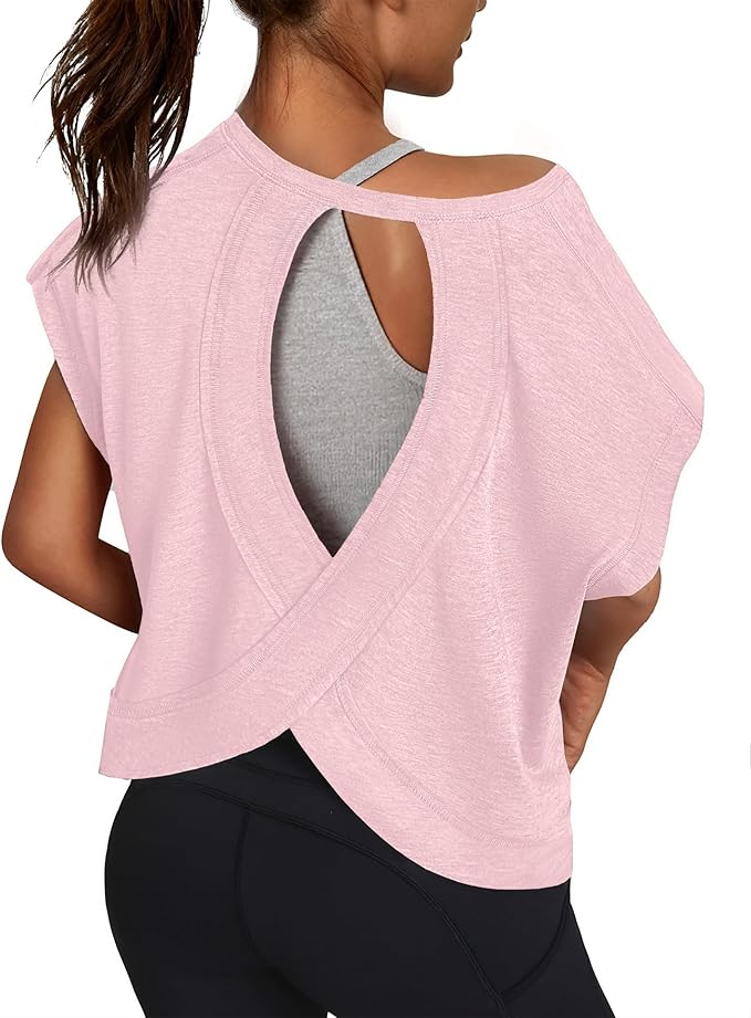 Women Open Back Workout Shirts Short Sleeve Tops Casual Yoga Y2k Athletic Gym Running Crop Tees