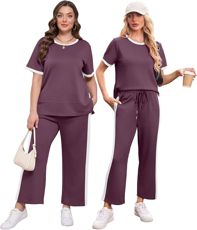 XIEERDUO Women's Side Slit Lounge Sets 2026 Fashion 2 Piece Travel Outfits Cozy Loungewear Wide Leg Tracksuits S-3XL