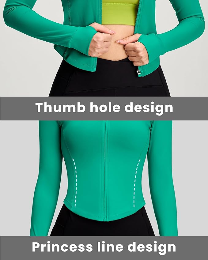 Women BBL Jacket Full Zip UP Workout Athletic Cropped Jacket wIth Thumb Holes Running Yoga Sportswear