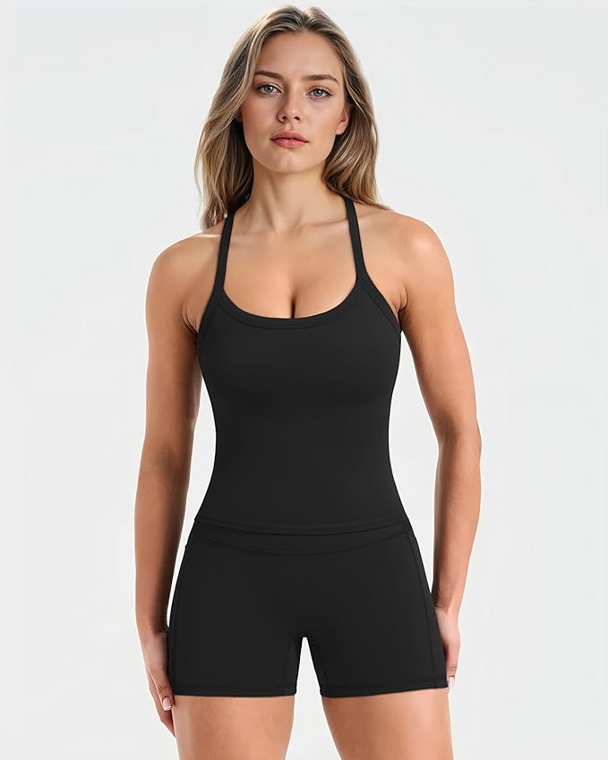 SUUKSESS Women 2 Piece Workout Sets High Waisted Biker Shorts with Pockets Built in bra Racerback Tank Tops