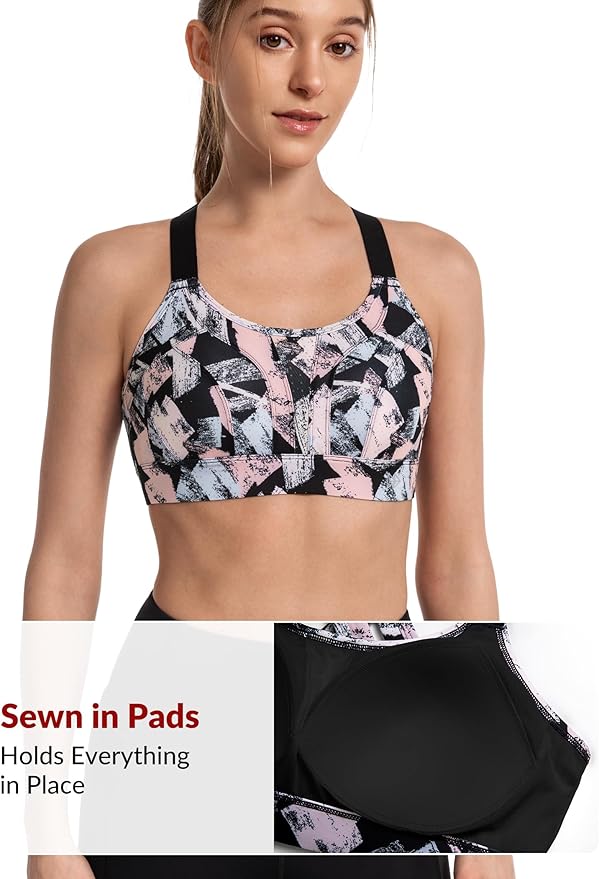Yvette Sports Bra High Impact Adjustable Criss Cross Back, Full Support for Large Bust No Bounce
