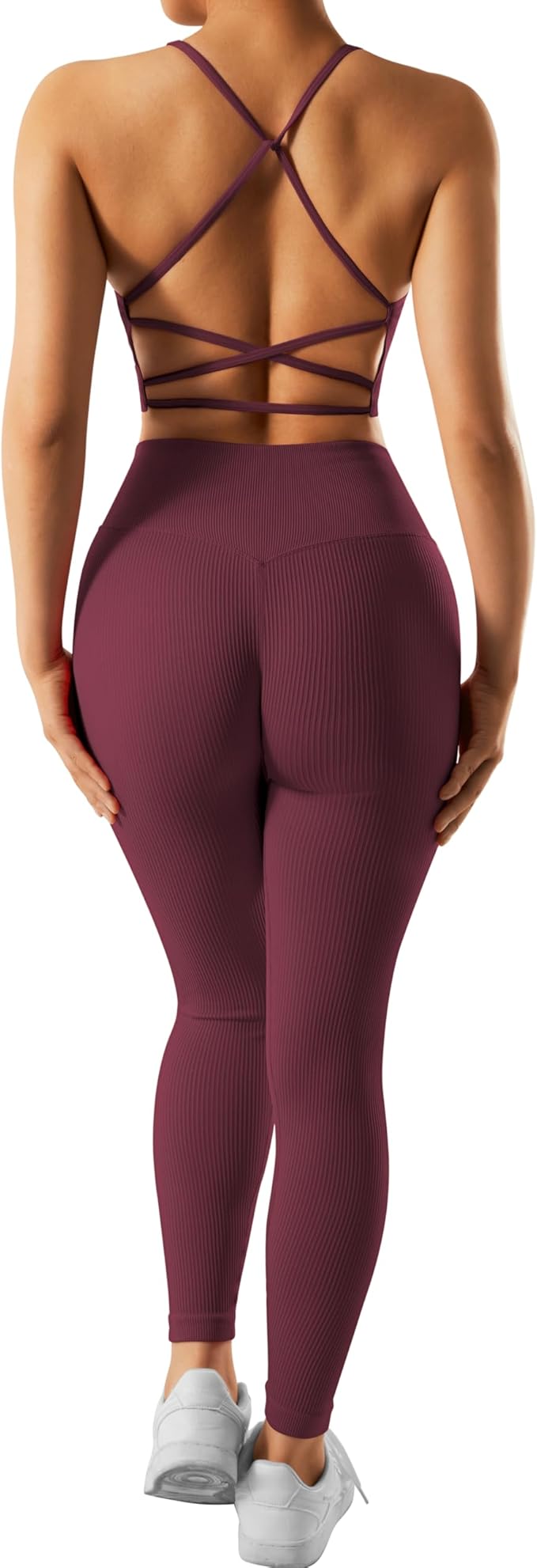 RXRXCOCO Ribbed Workout Sets for Women 2 Piece Backless Strappy Sports Bra Seamless Leggings Matching Set Yoga Outfits