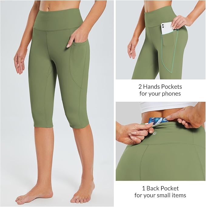 baleaf Women's Capri Leggings with Pockets High Waisted Knee Length Capris Stretch for Casual Yoga Pants Workout Exercise