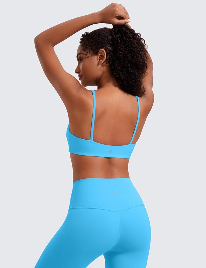 CRZ YOGA Butterluxe Square Neck Spaghetti Strap Sports Bras for Women - Low Coverage Yoga Wireless Padded Cami Crop Top