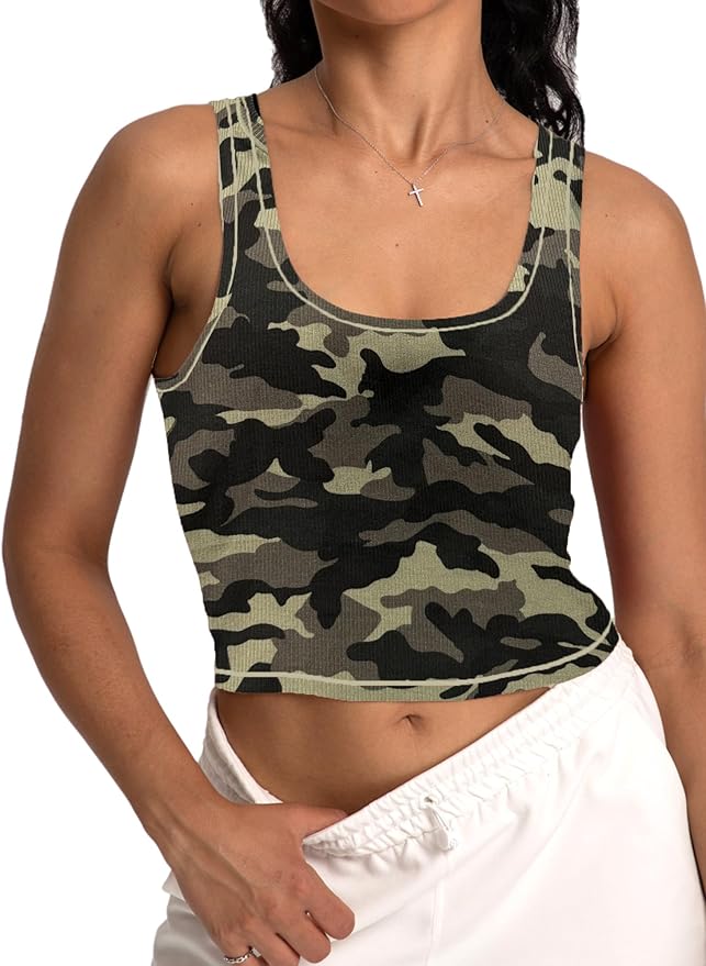 Danysu Women Rib Tank Top Padded Workout Top Square Neck Crop Tank Fitted Basic Cami Tops