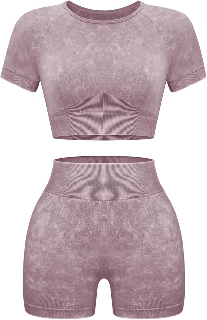 OLCHEE Womens Workout Sets 2 Piece - Seamless Acid Wash Yoga Outfits Shorts and Crop Top Matching Gym Athletic Clothing Set