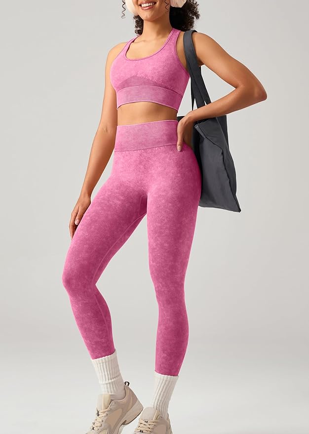 OLCHEE Womens Workout Sets 2 Piece - Acid Wash Seamless Yoga Outfits High Waist Leggings Padded Racerback Sports Bra Gym Set