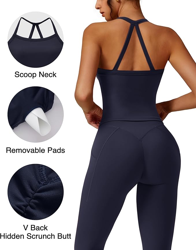 RXRXCOCO Cross Back Workout Sets for Women 2 Piece Padded Tank Tops Hidden Scrunch Leggings Gym Outfits with Pockets