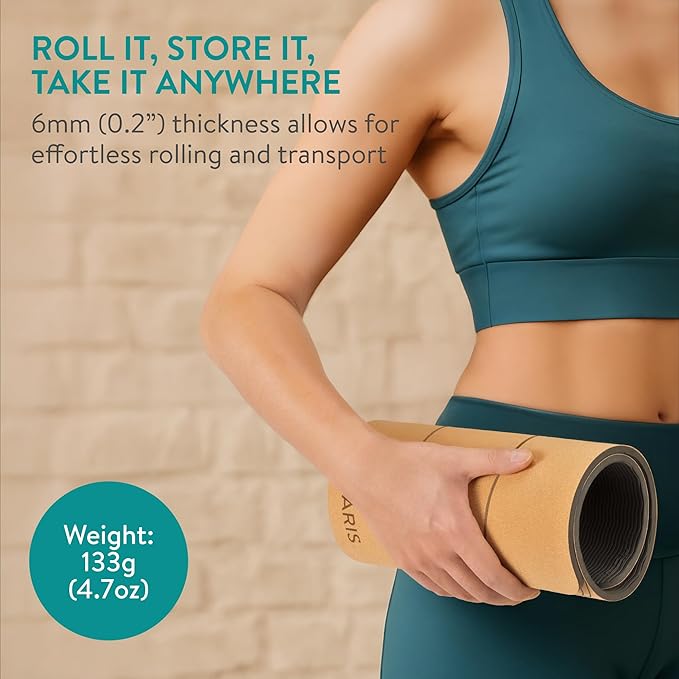 Navaris Cork Yoga Knee Pad - Non Slip for Exercise Mats - 0.2" (6mm) Extra Thick Yoga Mat Padding for Pilates & Home Exercise Mat - Travel Lightweight & Rollable - For Men & Women