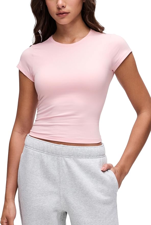 CRZ YOGA Cloud Jersey Crewneck Baby Tee for Women - Casual Workout Basic Short Sleeve Shirts Summer Daily Soft Stretchy Tops
