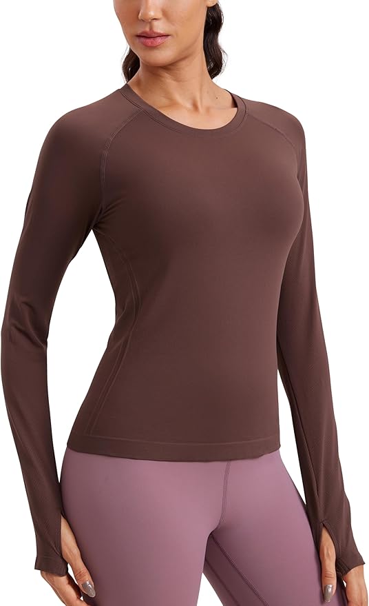CRZ YOGA Seamless Long Sleeve Shirts for Women Waist Length - Workout Athletic Running Gym Yoga Tops Crewneck Breathable