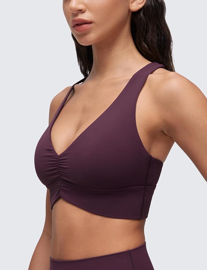 CRZ YOGA Butterluxe Ruched Longline Sports Bras for Women - V Neck Padded Yoga Tank Wide Straps Cross Back Crop Tops
