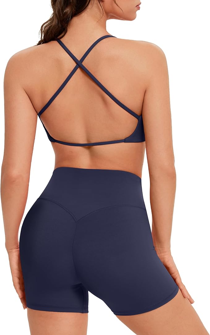 OMKAGI Workout Sets for Women Open Back Strappy Sports Bra Booty Biker Shorts Gym Outfits