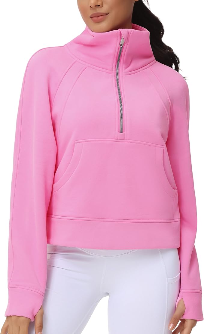 THE GYM PEOPLE Womens' Half Zip Pullover Fleece Stand Collar Crop Sweatshirt with Pockets Thumb Hole