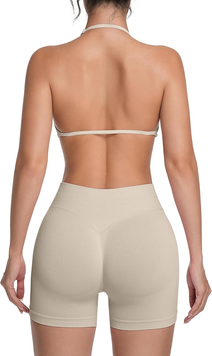 Comper 2 Piece Workout Sets for Women Halter Strappy Sports Bra with Seamless Ribbed Gym Yoga shorts Outfits