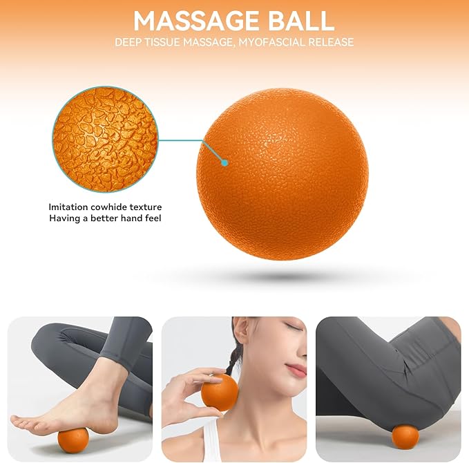 Krightlink 5 in 1 Foam Roller Set for Deep Tissue Muscle Massage, Trigger Point Fitness Exercise Foam Roller, Massage Roller, Massage Ball, Stretching Strap, for Whole Body (Orange Black)