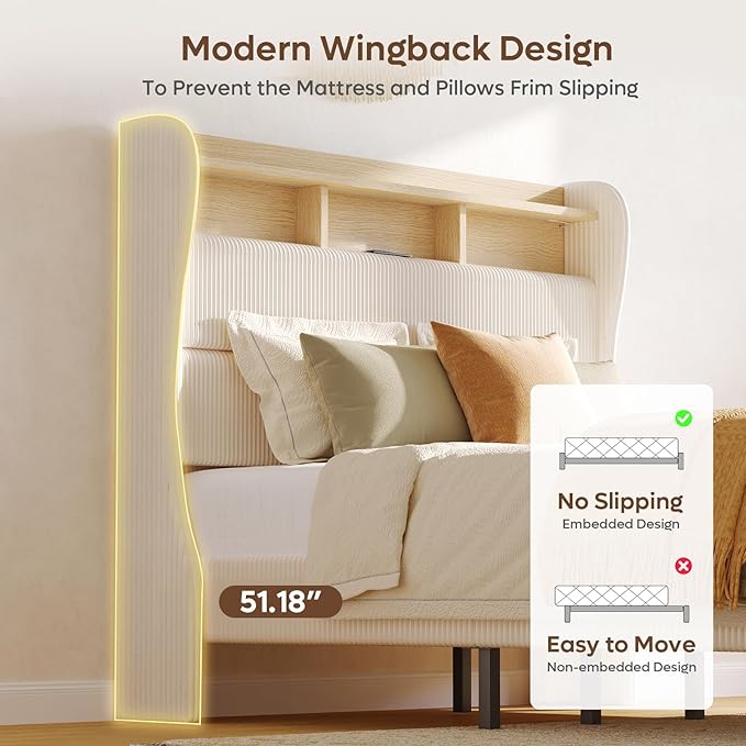 Bestier Queen Size Upholstered Wingback Bed Frame with 51” High Headboard Corduroy Fabric RGB LED Lights, Charging Station Dual Storage Shelves Modern Off White Platform Bed No Box Spring Needed