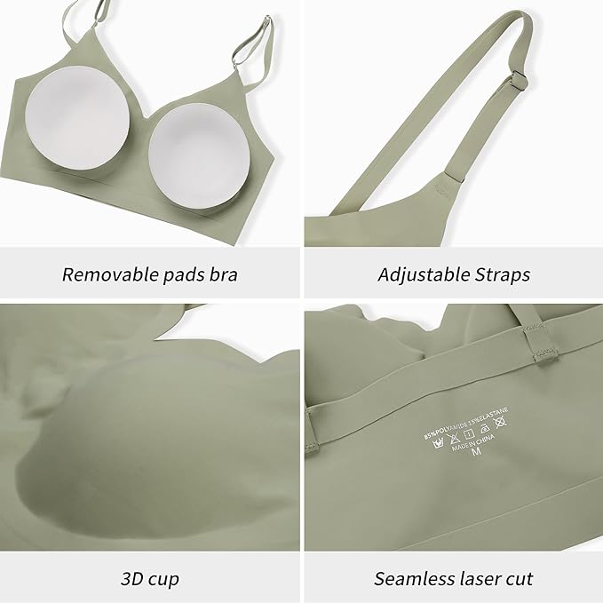 DEANGELMON V Neck Bra Padded Seamless Adjustable Straps Bralettes Everyday Basic Sleeping Bras Multiple Pack