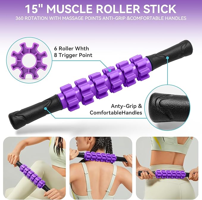 Krightlink 5 in1 Foam Roller Set, High Density Deep Tissue Massager for Muscle Massage, Massage Roller, Massage Ball, Resistance Band for Whole Body Physical Therapy Deep Muscle Massage (Purple)