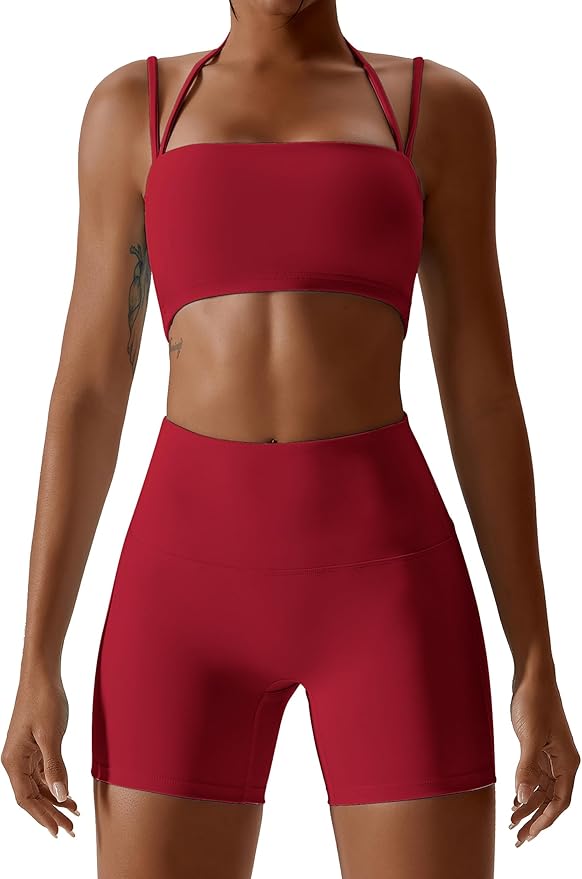 IMEKIS Women's Workout Sets 2 Piece Yoga Outfit High Waisted Biker Shorts Leggings Sports Bra Gym Fitness Clothes Tracksuit