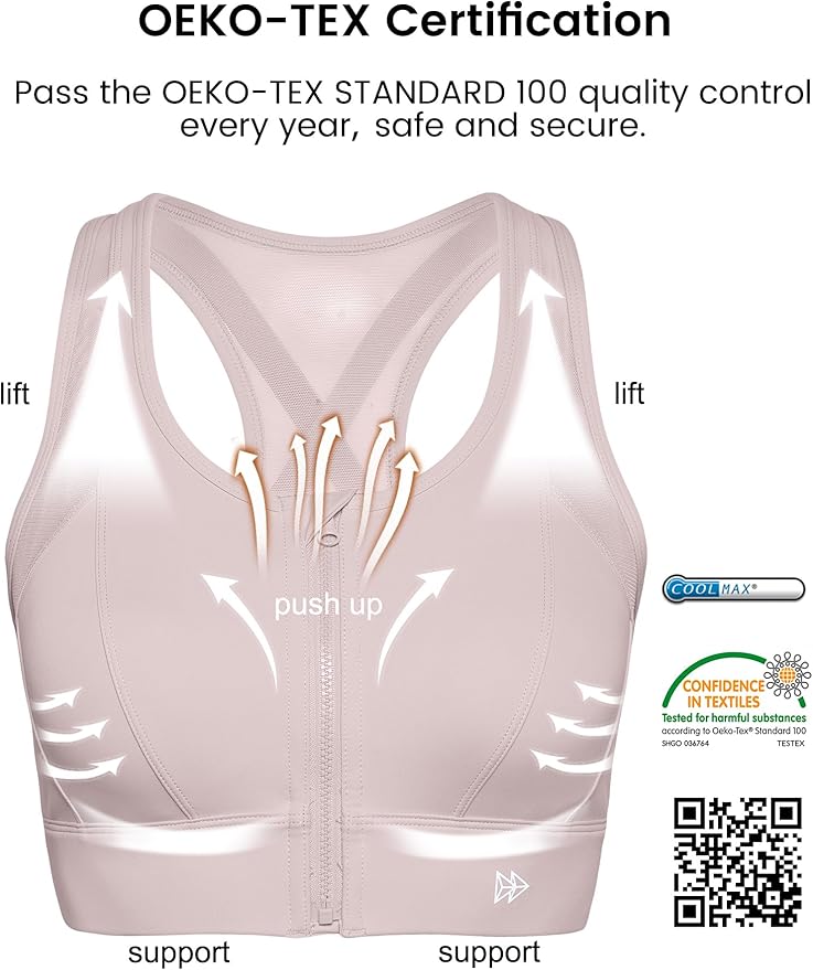 Yvette High Impact Zip Front Sports Bra Mesh Racerback Workout High Support Sports Bras for Women Large Breasts
