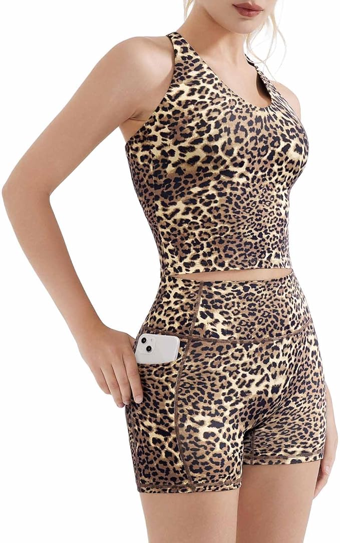 SUUKSESS Women 2 Piece Workout Sets Padded Tank Tops Tummy Control Leggings Gym Outfits