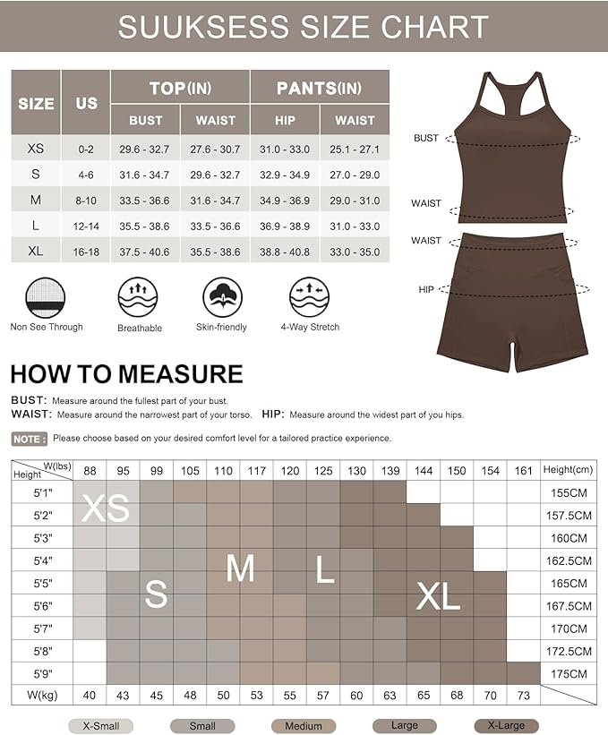 SUUKSESS Women 2 Piece Workout Sets High Waisted Biker Shorts with Pockets Built in bra Racerback Tank Tops