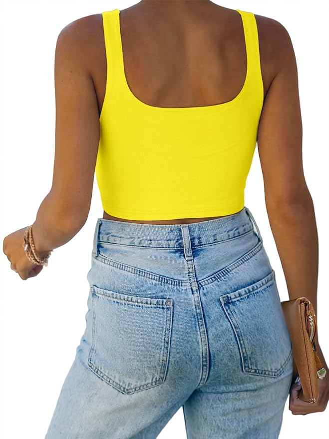 REORIA Women’s Sexy Square Neck Double Lined Seamless Sleeveless Cropped Tank Yoga Crop Basic Tops