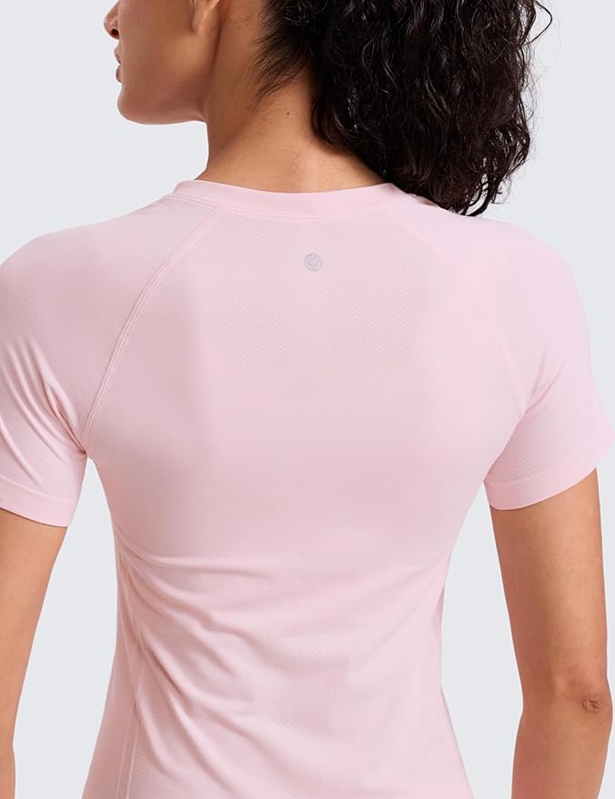 CRZ YOGA Seamless Workout Tops for Women Hip Length - Athletic Running Gym Yoga Short Sleeve Shirts Breathable Crewneck Tees