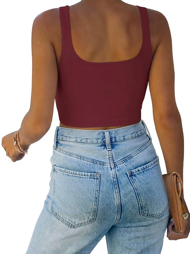 REORIA Women’s Sexy Square Neck Double Lined Seamless Sleeveless Cropped Tank Yoga Crop Basic Tops