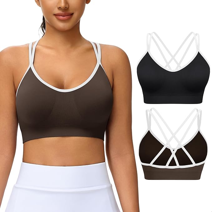 VEQKING Women's Cross Back Sports Bra Padded Strappy Medium Support Yoga Bra for Workout Fitness 3 Pack