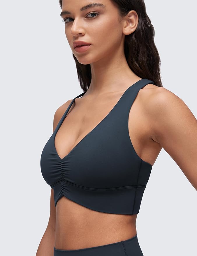 CRZ YOGA Butterluxe Ruched Longline Sports Bras for Women - V Neck Padded Yoga Tank Wide Straps Cross Back Crop Tops