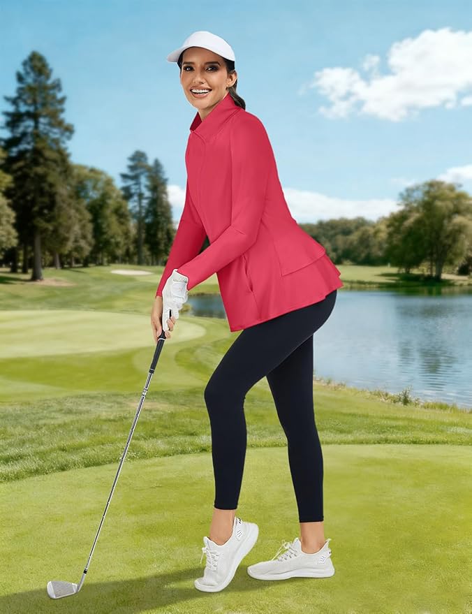 LURANEE Women's Golf Athletic Jackets with Pleated Tennis Skirt Hem Lightweight Full Zip Long Sleeve Shirts with Pockets