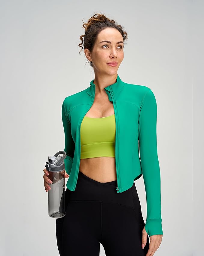 Women BBL Jacket Full Zip UP Workout Athletic Cropped Jacket wIth Thumb Holes Running Yoga Sportswear