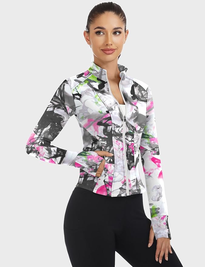 Loovoo Women's Workout Jacket Lightweight Zip Up Athletic Jackets Cropped Slim Fit Running Yoga Tops with Pockets